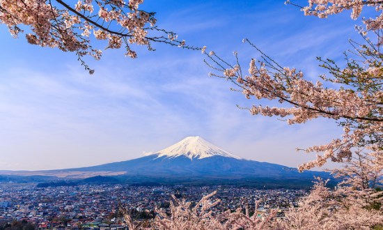 Bunga sakura dan Gunung Fuji dari Pagoda Chureito