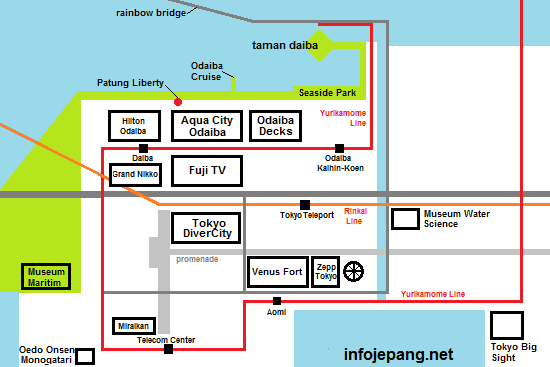 Peta Lokasi Tempat wisata di Odaiba Jepang